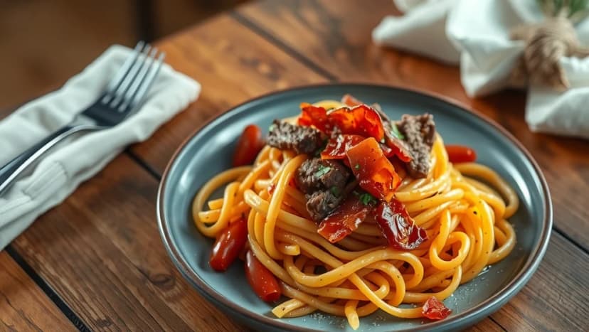 Pasta med lövbiff och bacon hemma