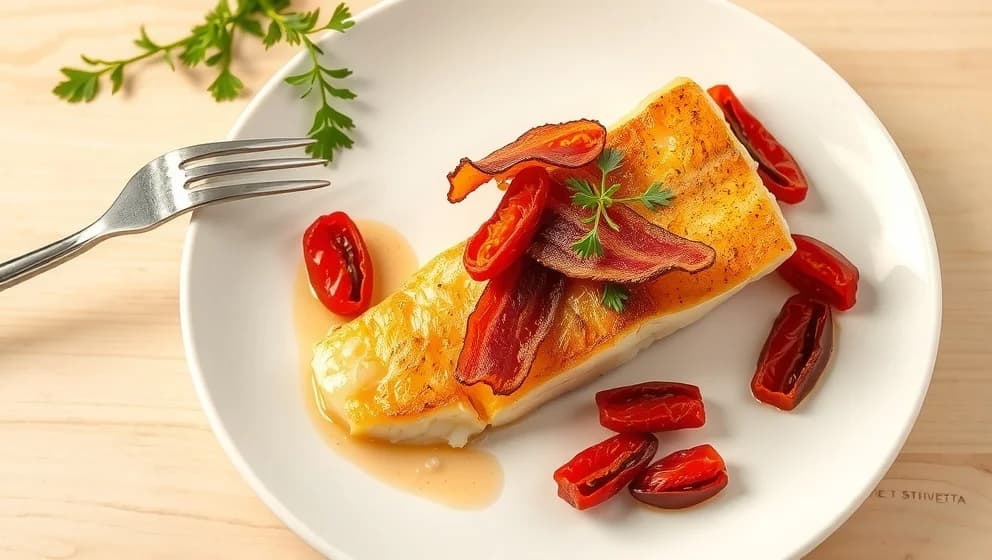 Torskrygg med bacon och soltorkade tomater